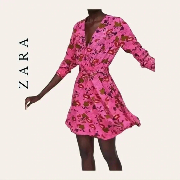 1157. Zara LONG SLEEVE‎ FAUX WRAP DRESS SIZE SMALL FLORAL PATTERN HOT PINK/RED - Picture 1 of 10